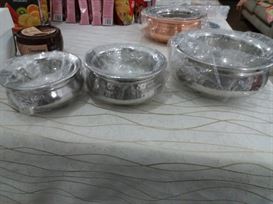 3 קעריות הגשה נירוסטה רקועה שכבה כפולה בצבע כסף אינדיאן סטור